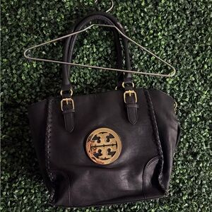 Tory Burch Black Leather Tote with Gold Logo